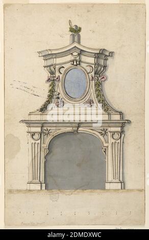 Design for a Mantelpiece, Pen and ink, brush and watercolor, sepia on paper, Elevation of a chimneypiece. At top, a triple mount with a laurel wreath/. Below this, a peaked entablature and an oval mirror surrounded by festoons, bowknots and crescents. Below, a scale., Europe, 1750–1775, architecture, Drawing Stock Photo