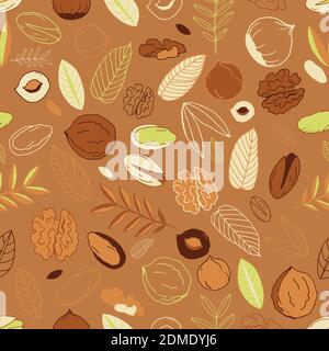 Seamless pattern with walnuts, pistachios with hazelnuts and leaves on a brown background. Scrawl. Whole nuts, peeled and unpeeled. Vector Stock Vector