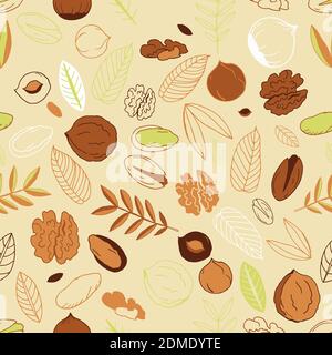 Seamless pattern with walnuts, pistachios with hazelnuts and leaves on a light background. Scrawl. Whole nuts, peeled and unpeeled. Vector Stock Vector
