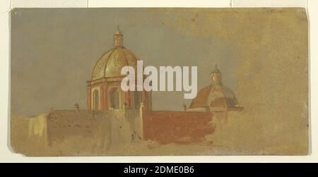 Colombia or Ecuador, church roofs, Frederic Edwin Church, American, 1826–1900, Pencil and oil on academy board, The left dome rises behind a wall. The tambour is octagonal. The sections of the dome show two crosses each. The dome at right is of a wider diameter. The brown grounding color is shown at right and at the bottom., USA, 1853 or 1857, landscapes, Drawing Stock Photo
