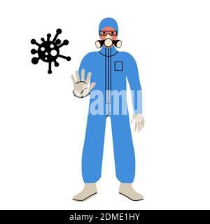 A full-length man in a protective suit, mask and glasses on a white isolated background. Protection from the virus. Vector illustration Stock Vector