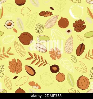 Seamless pattern with walnuts, pistachios with hazelnuts and leaves on a light olive background. Scrawl. Whole nuts, peeled and unpeeled Stock Vector