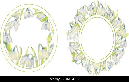 Set of romantic spring frames with snowdrops on the outer and inner edges on a white isolated background. Watercolor painting. Oval frames Stock Vector