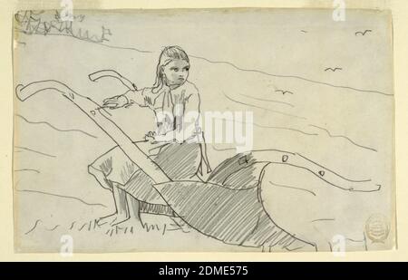 Girl Seated on a Plow, Winslow Homer, American, 1836–1910, Graphite on paper, Horizontal view of a girl seated on a plough., USA, 1879, figures, Drawing Stock Photo