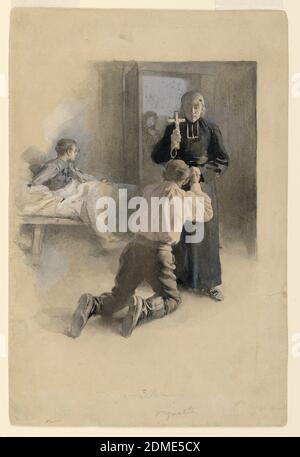 On Your Knees and Swear It, Albert Lynch, French, 1851 - after 1900, Brush and grey, rose, blue, white and black watercolors, with graphite, on illustration board, A young man kneels before a priest who holds a crucifix before him. In the background, another young man in bed and a figure standing in the doorway., USA, 1894, figures, Drawing Stock Photo