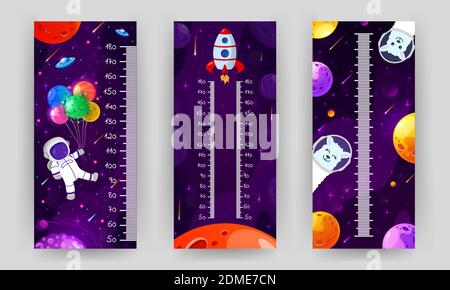 Kids space height chart. Cosmic wall meter with flying astronaut, rocket and fantasy planets. Stock Vector