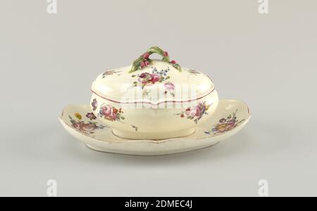 Sugar Bowl and Stand, Mennecy Porcelain Manufactory, French, active 1735 – 1773, soft paste porcelain, vitreous enamel, gold, Tray attached to bowl, oval with shaped edges; bowl rounded, with shaped edges which are repeated in contour of domed cover. Cover has handle in form of an olive branch with leaves and olives, and notch for ladle. Decorated with sprays of flowers., France, ca. 1770, ceramics, Decorative Arts, sugar bowl and stand, sugar bowl and stand Stock Photo