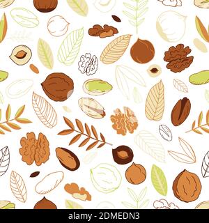 Seamless pattern with walnuts, pistachios with hazelnuts and leaves on an olive background. Doodles. Whole nuts, peeled and unpeeled. Stock Vector