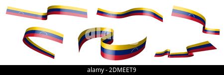 Set of holiday ribbons. Venezuela flag waving in wind. Separation into lower and upper layers. Design element. Vector on white background Stock Vector