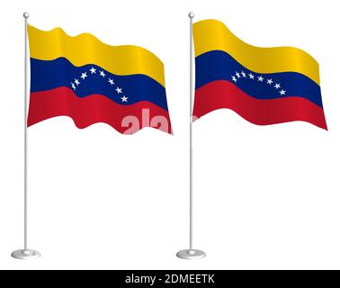 Venezuela flag on flagpole waving in wind. Holiday design element. Checkpoint for map symbols. Isolated vector on white background Stock Vector