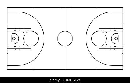 Basketball field layout with markings. View from above. Black and white ...