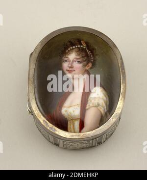 Box with portrait of a lady, Silver, enamel, Painted portrait of a young woman in three-quarter view. She wears a white dress with yellow and red flowers tied on the waist. Around her neck is a red cloth. She wears a string of pearls and gold ornament in her hair., France, 1804, containers, Decorative Arts, Box, Box Stock Photo