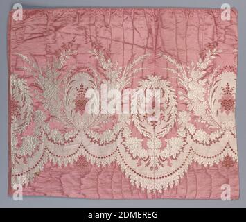 Textile, Medium: silk Technique: plain weave (pink) patterned by floats of complementary wefts (pink and white) and by floats of a supplementary warp (pink), France, 1860s, woven textiles, Textile Stock Photo