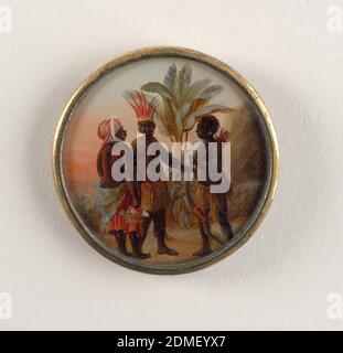 Button, Gouache paint on tin verre fixé, ivory (backing), glass, gilt metal, Button depicting scene with three figures in a palm tree-filled landscape conversing. Two men wear native West Indies garments of skirts; one wears a red feathered crown; the other holds a bow and carries a quiver of arrows on his back. Woman on the left wears a Western skirt with no shirt and a red scarf on head; her back is towards the viewer and she carries a basket of flowers., late 18th century, costume & accessories, Decorative Arts, Button Stock Photo