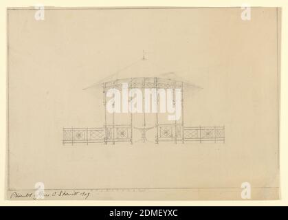 Design for Pagoda in Garden Pavilion, Graphite on wove paper, lined, Conical roof supported by pillars, balustrade decorated with flower motif. Pillar decorated with circular designs. Table drawn in middle of pagoda. Scale noted at bottom., USA, ca. 1909, architecture, Drawing Stock Photo