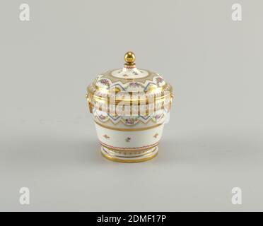 Sugar Bowl, Duc d'Angoulême Porcelain Manufactory, French, 1781 – 1789, hard paste porcelain, vitreous enamel, gold, Cylindrical body with flaring sides; domed cover with round knob. Overglaze enamels and gilded. Bands of foliate design, arrows and of scattered flowers. Gold stippling in serrated fields on body and lid. Gold painted ring in low relief at each side., France, 1781–1789, ceramics, Decorative Arts, sugar bowl, sugar bowl Stock Photo