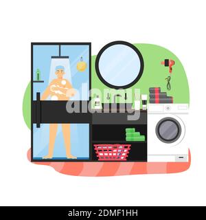 Daily life, morning routine. Young man taking shower in bathroom, flat vector illustration. Stock Vector