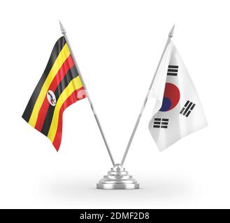 South Korea and Uganda table flags isolated on white 3D rendering Stock Photo
