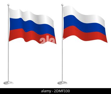 flag of Russia, Russian Federation on flagpole waving in wind. Holiday design element. Checkpoint for map symbols. Isolated vector on white background Stock Vector