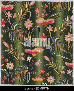 Textile, Medium: wool Technique: printed by engraved roller on 1x2 weft faced twill., Brightly colored blossoms on curving vines against an ombre green background., probably France, ca. 1860s, printed, dyed & painted textiles, Textile Stock Photo