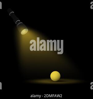 beam of flashlight light shines on a yellow ball in the dark. Search for answer to question, truth. Loneliness, wandering in dark. Abstract realistic Stock Vector