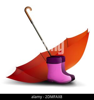 bright red umbrella and pink rubber childrens boots. Good autumn mood. Health protection in rainy weather. Realistic vector Stock Vector