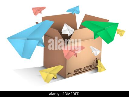 paper planes flying out of box labeled EXPRESS MAIL. Sending messages and delivering e-mail. Color vector Stock Vector