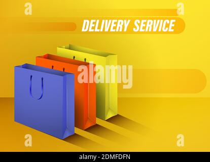 Fast delivery and transportation of goods from stores. Online order. Realistic multi-colored cardboard bags. Concept for a website. Color vector Stock Vector
