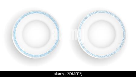 empty white realistic plates with blue ornaments. Table setting and serving dishes. Vector Stock Vector
