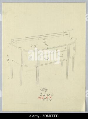 Design for Sideboard with Brass Rail and Rounded Corners, A.N. Davenport Co., Graphite on thin cream paper, Sideboard with six tapered straight legs; double brass railing along top back; two small drawers over one larger drawer; a medallion design on each of rounded front corners., 1900–05, furniture, Drawing Stock Photo