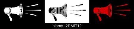 megaphone icons, cinema director loudspeaker. Speeches of the speaker at rallies, strikes and meetings. Black and white vector Stock Vector