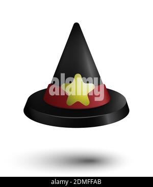 kids wizard hat for Halloween with bright red ribbon and yellow star. Plastic toy for the holiday of pumpkin and fun. Vector over white background. De Stock Vector