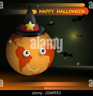 Joyful planet earth in wizard hat celebrates Halloween. Bats and fireflies are flying around. Atmosphere of celebration and witchcraft. Vector Stock Vector