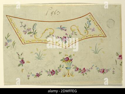 Unfinished Design for the Embroidery of a Man's Waistcoat of Pattern No. 863 of the 'Fabrique de St. Ruf', Fabrique de Saint Ruf, Lyon, France, Graphite, brush and gouache on grayish paper, Left bottom corner. Very slightly rising bottom edge. Flower festoons and flower boughs and plants rising from 'S' slopes and spirals. Birds. Bottom center: a fruit bowl. Reverse, in opposite direction: fragment of an unfinished design, pencil, ink. Rows of perspectively shown rings alternating with dots., France, ca. 1785, Drawing Stock Photo