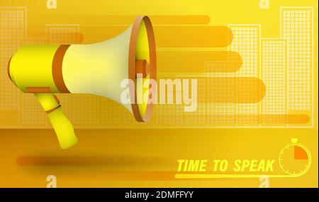megaphone on background of metropolis, loudspeaker of director of cinema Speeches of the speaker at rallies, strikes and meetings. Campaign banner Stock Vector