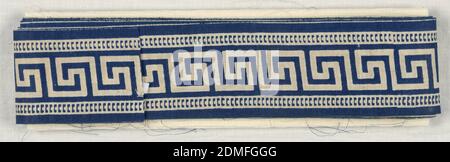 Borders, Medium: cotton Technique: block printed by resist method on plain weave, A Greek key border design within guards. In white on blue., France, early 19th century, printed, dyed & painted textiles, Borders Stock Photo