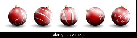 red Christmas balls. Set of New Year decorations with an ornament. Merry Christmas. New Year celebration. Realistic vector on white background Stock Vector