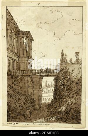Villa Farnese: in the Moat of Caprarola, Felice Giani, Italian, 1758–1823, Black chalk, pen and black ink, brush and brown watercolor on cream laid paper, View of bridge over water, in center, leading to classical building on left; figures walking across bridge. Two figures at right walking with bundles/baskets on heads. In margin, caption: 9; Caprarola, On verso, in black ink, allover designs of wall decorations and paintings: Decorated pilaster, wall panels, entablature and vaulted ceiling; below is a dado, with frames, a cargo boat, figures., Italy, ca. 1813, landscapes, Drawing Stock Photo