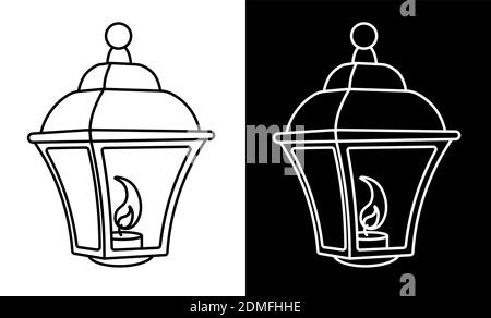 street light with burning candles inside. Vintage style. Night romance of the big city. Street lighting at night. Icon. Black and white vector Stock Vector