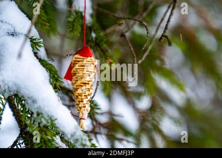 Weihnachtsdekoration Outdoor, Strohstern und Christbaumkugel im Tannenwald mit Schnee im Hintergrund. Christmas Tree Decoration in Corona Time Stock Photo