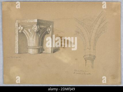 Two studies of Architectural Details, Arnold William Brunner, American, 1857–1925, Graphite and white heightening on beige paper, Left, early French capital. Right, rib vaulting from the castle at Newcastle., USA, ca. 1879, architecture, Drawing Stock Photo