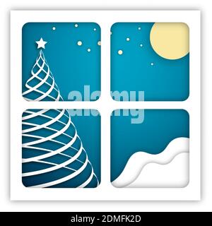 silhouette of Christmas tree in window against background of full moon and stars, stylized, entwined with festive ribbon on white postcard. Christmas Stock Vector