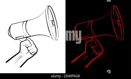 Man hand holds a megaphone, loudspeaker of a cinema director. Speeches of the speaker at rallies, strikes and meetings. Minimalistic vector Stock Vector