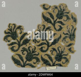 Fragment, Medium: silk Technique: cut and uncut pile in a plain weave foundation (velvet), Floral sprigs facing in alternate directions. Green on yellow., 17th century, woven textiles, Fragment Stock Photo