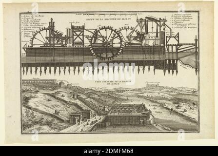 The Machine de Marly: Section and Aerial View, Charles Inselin, French, b. ca. 1673, Nicolas de Fer, French, 1646–1720, Etching, Top: section view of the Machine de Marly showing the paddle wheels and pumps. Parts numbered. Bottom: aerial view of the Machine de Marly at center of riverside landscape. At left is aqueduct, house of Monsieur de Ville, reservoir; the Seine River at right. In the background, towns of Marli [sic] (left) and St. Germain en Laye (right) are visible., France, ca. 1700, architecture, Print Stock Photo