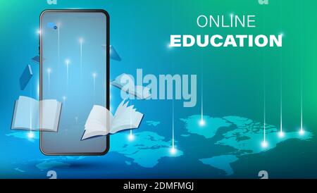Online digital education, back to school. Distance learning on mobile devices. Teacher is teaching lesson all over the world via mobile phone. Backgro Stock Vector
