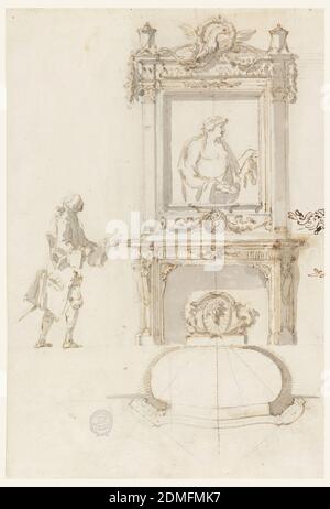 Design for a Fireplace, Antinous Room, Villa Albani, Rome, Italy, Carlo Marchionni, Italian, 1702–1786, Pen and brown ink, brush and grey, brown wash, graphite on cream laid paper, Surmounted by a central eagle, floral garland, and corner vases, the overmantel, presented as an elevation, contains an antique relief of Antinous. The chimneypiece and fire screen below are decorated by garlands, rosettes, and shells. A man approaches from the left. Below is the plan of the mantelpiece and fireplace., Rome, Italy, 1755–57, architecture, interiors, Drawing Stock Photo
