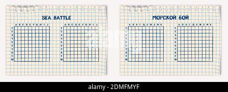 Sea battle game. Ink drawing on a checkered school notebook sheet. Field for playing in Russian and English. Inscription SEA BATTLE in the title. Isol Stock Vector