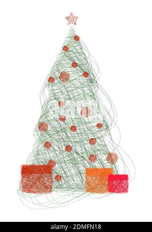New Year, Christmas tree 2021 with gifts and glass balls in the style of a sloppy child drawing. Sloppy sketch. Festive design element. Vector on whit Stock Vector