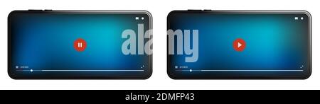 realistic mockup of a smartphone with a mobile video player on the screen. Play video on portable devices, pause. Easy editable detailed vector isolat Stock Vector